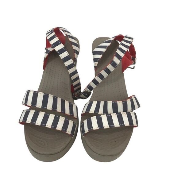 Crocs Leigh Wedge Sandals Ankle Strappy White Blue Striped Women’s Size 9 - Picture 1 of 8